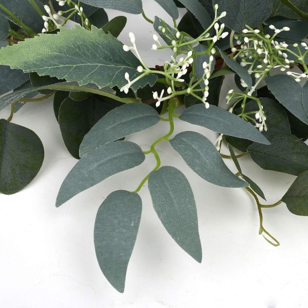 Artificial Green Eucalyptus Wreath,15 inches Greenery Wreath with Clusters of White Flowers Mini Spring/Summer Wreath for Front Door Wall Window Decor