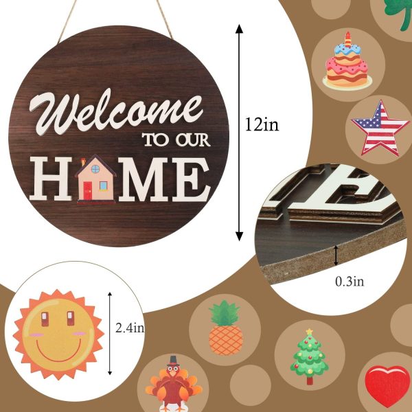 Interchangeable Welcome Sign for Front Door with 4 Seasonal Wreaths and 14 Changeable Icons, Farmhouse Front Door Signs, Door Decoration Porch Decor, Seasonal Wooden Home Sign home décor (6wood)