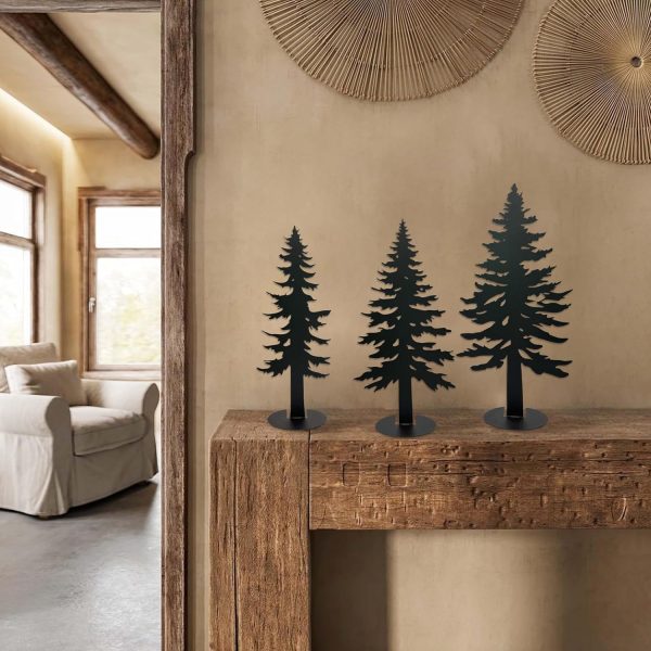 Set of 3 Farmhouse Metal Pine Tree Decor, Cabin Woodland Forest Tree Decor for Mantel Centerpieces Living Room Bedroom, Rustic Christmas Decorations, Black