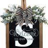 Last Name Year Round Front Door Wreath Front Porch Decoration 26 Letter Welcome Sign with Eucalyptus Garland and Bow Spring Wreaths for Front Door Outside Hanger Garland（S）