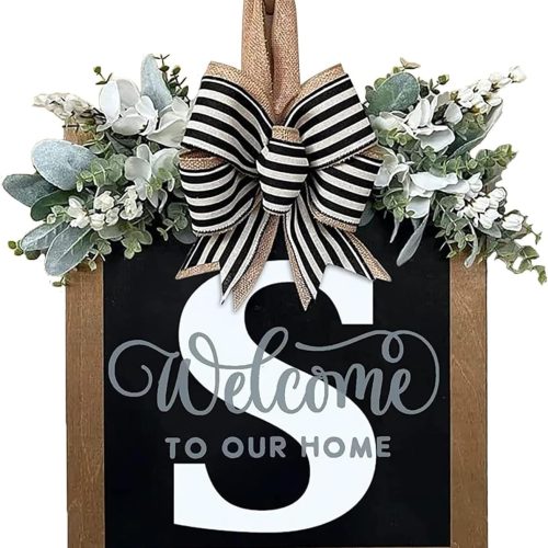 Last Name Year Round Front Door Wreath Front Porch Decoration 26 Letter Welcome Sign with Eucalyptus Garland and Bow Spring Wreaths for Front Door Outside Hanger Garland（S）