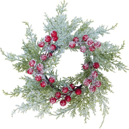 WF11050MAX_1 Winlyn 4 Pcs Artificial Snowy Cedar Candle Rings Red Berry Christmas Candle Holder Wreath Rings Mini Snowy Christmas Wreaths Faux Cedar Twigs Wreath 12.2” Wide for Winter Wedding Holiday Table Décor