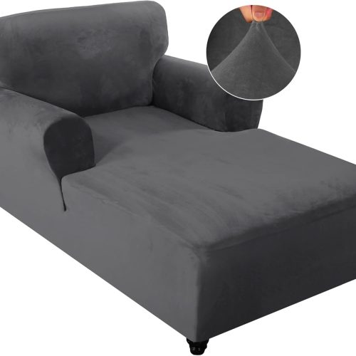 WF1111MAX_1 FantasDecor Velvet Chaise Lounge Cover Stretch Double Arm Chair Slipcover for Living Room Bedroom Soft Plush Fabric Machine Washable, Grey
