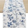 WF11129MAX_1 Blue and White Floral Table Runner 13 × 72 Inch | Monochrome Sketch Flowers Chinoiserie Peony Daisy Decor, Summer Spring Seasonal Kitchen Dining Table Party Ornaments