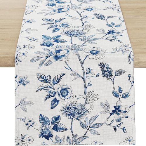 WF11129MAX_1 Blue and White Floral Table Runner 13 × 72 Inch | Monochrome Sketch Flowers Chinoiserie Peony Daisy Decor, Summer Spring Seasonal Kitchen Dining Table Party Ornaments
