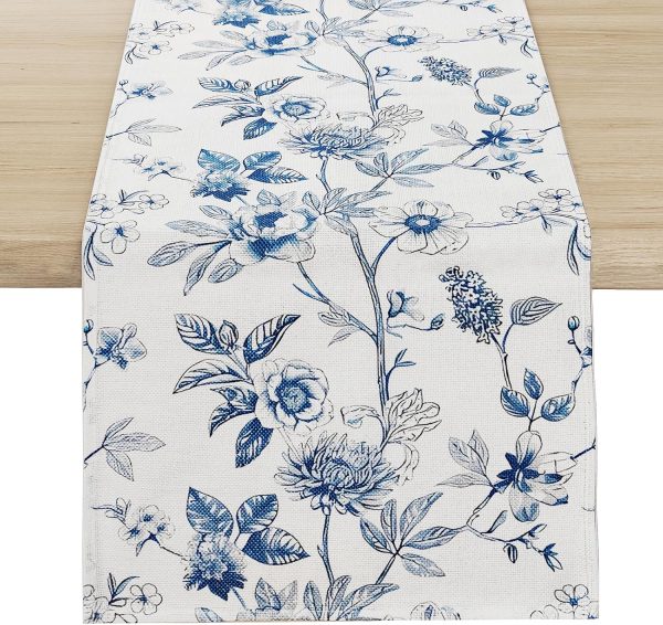 WF11129MAX_1 Blue and White Floral Table Runner 13 × 72 Inch | Monochrome Sketch Flowers Chinoiserie Peony Daisy Decor, Summer Spring Seasonal Kitchen Dining Table Party Ornaments