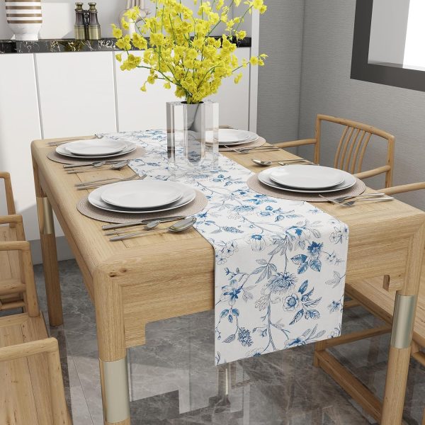 WF11129MAX_2 Blue and White Floral Table Runner 13 × 72 Inch | Monochrome Sketch Flowers Chinoiserie Peony Daisy Decor, Summer Spring Seasonal Kitchen Dining Table Party Ornaments