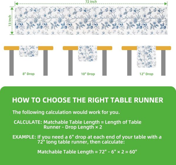 WF11129MAX_4 Blue and White Floral Table Runner 13 × 72 Inch | Monochrome Sketch Flowers Chinoiserie Peony Daisy Decor, Summer Spring Seasonal Kitchen Dining Table Party Ornaments