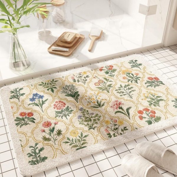 Spring Floral Bathroom Rug 32" x 20" Wild Flowers Bathroom Mat Boho Floral Bath Rug (Rectangular, Yellow)