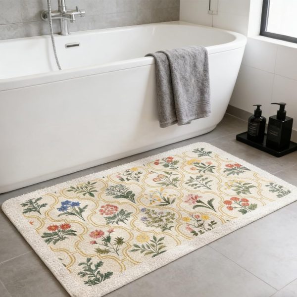 Spring Floral Bathroom Rug 32" x 20" Wild Flowers Bathroom Mat Boho Floral Bath Rug (Rectangular, Yellow)