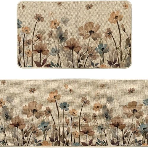 Artoid Mode Brown Poppy Floral Leaves Spring Kitchen Mats Set of 2, Spring Home Decor Low-Profile Kitchen Rugs for Floor - 17x29 and 17x59 Inch