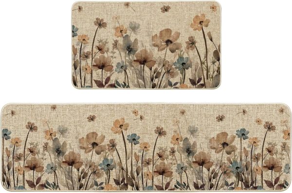 Artoid Mode Brown Poppy Floral Leaves Spring Kitchen Mats Set of 2, Spring Home Decor Low-Profile Kitchen Rugs for Floor - 17x29 and 17x59 Inch