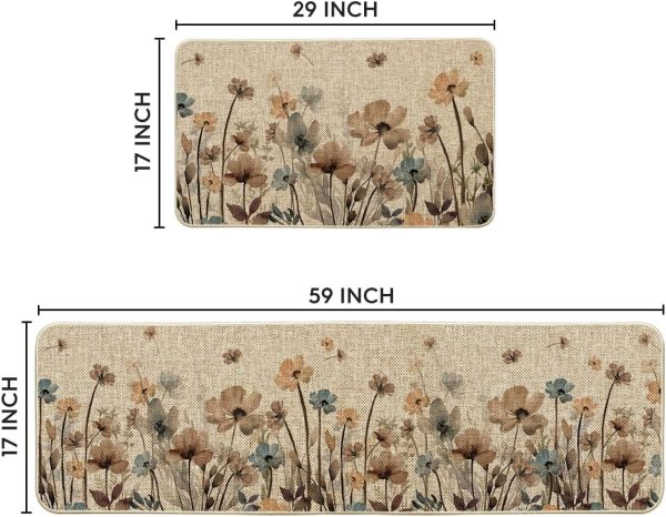 Artoid Mode Brown Poppy Floral Leaves Spring Kitchen Mats Set of 2, Spring Home Decor Low-Profile Kitchen Rugs for Floor - 17x29 and 17x59 Inch