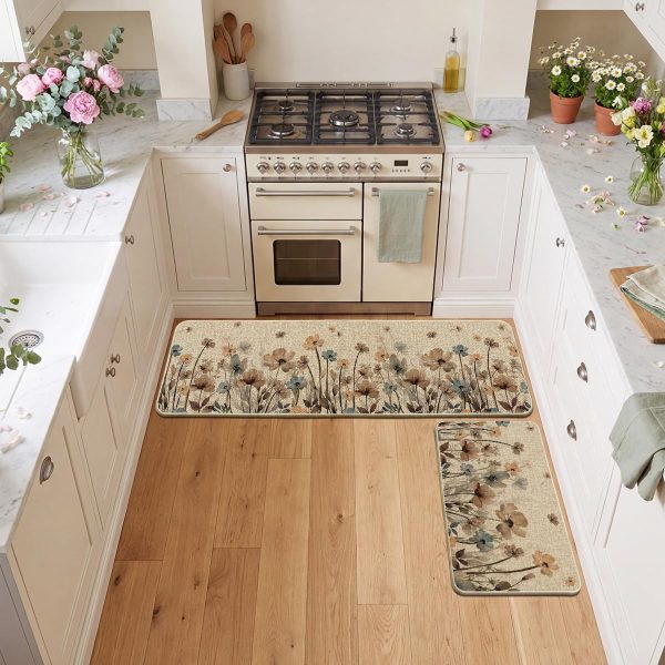 Artoid Mode Brown Poppy Floral Leaves Spring Kitchen Mats Set of 2, Spring Home Decor Low-Profile Kitchen Rugs for Floor - 17x29 and 17x59 Inch