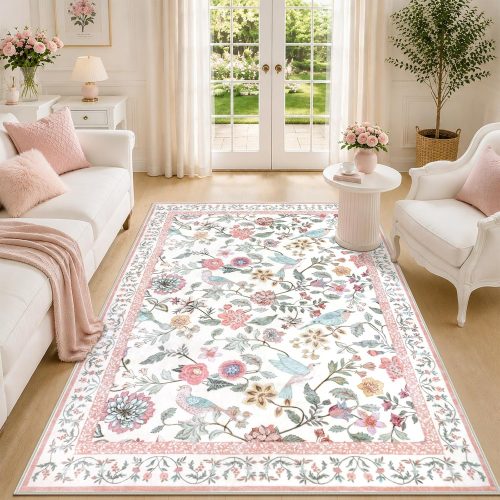 WF11269MAX_1 Floral Washable 5x7 Area Rug, Soft Non-Slip Pink Rugs for Girls Bedroom Low Pile Flower Birds Living Room Rug, Non-Shedding Botanical Indoor Carpet for Nursery Playroom Dining Room