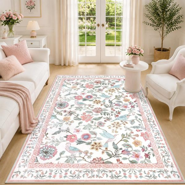 Floral Washable 5x7 Area Rug, Soft Non-Slip Pink Rugs for Girls Bedroom Low Pile Flower Birds Living Room Rug, Non-Shedding Botanical Indoor Carpet for Nursery Playroom Dining Room