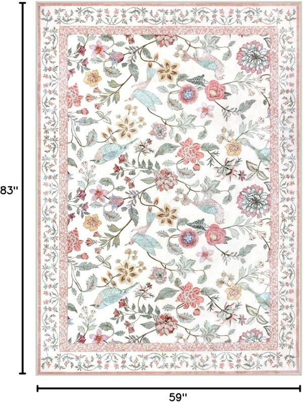 Floral Washable 5x7 Area Rug, Soft Non-Slip Pink Rugs for Girls Bedroom Low Pile Flower Birds Living Room Rug, Non-Shedding Botanical Indoor Carpet for Nursery Playroom Dining Room