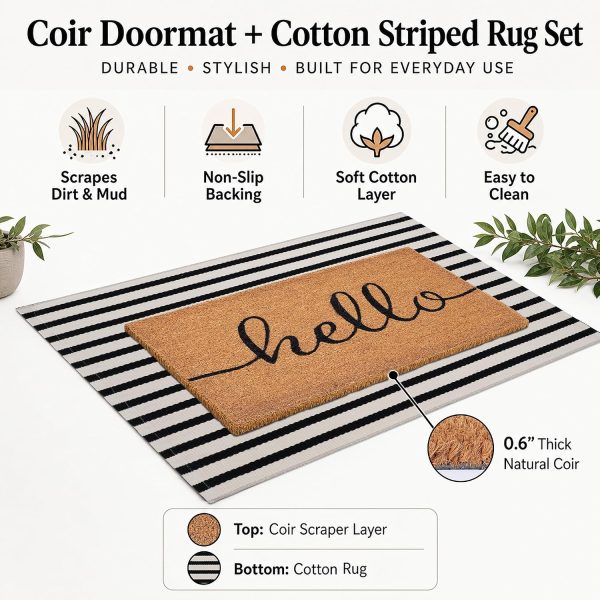 Front Door Mat Combo Set, Hello 100% Coco Coir Welcome Doormat + 28" x 43" Layered Buffalo Black and White Striped Rug, Spring Thanksgiving Porch Entryway Decor Indoor Outdoor Floor Mats