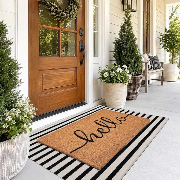 Front Door Mat Combo Set, Hello 100% Coco Coir Welcome Doormat + 28" x 43" Layered Buffalo Black and White Striped Rug, Spring Thanksgiving Porch Entryway Decor Indoor Outdoor Floor Mats