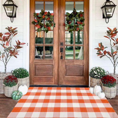 Fall Decor Buffalo Plaid Outdoor Rug 3x5 Ft Orange and White Checkered Area Rug Halloween Washable Doormats Fall Indoor Outdoor Rugs for Layered Front Door Mats, Porch, Entryway, Farmhouse