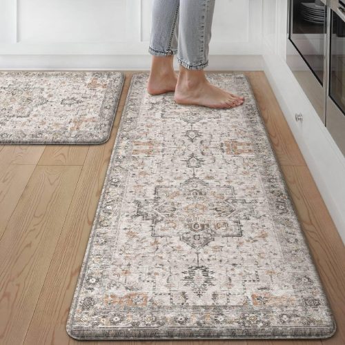 GENIMO Anti Fatigue Kitchen Mats for Floor 2PCS, Standing Rugs,GrayTaupe | 17.3"x47"+17.3"x30", Vintage Boho Cushioned Set, Waterproof, Non slip, Easy-clean for Home, Laundry,Sink, Office, Farmhouse