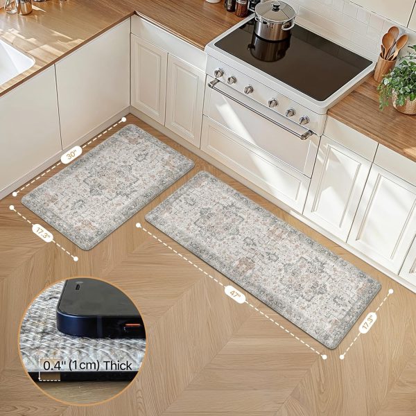GENIMO Anti Fatigue Kitchen Mats for Floor 2PCS, Standing Rugs,GrayTaupe | 17.3"x47"+17.3"x30", Vintage Boho Cushioned Set, Waterproof, Non slip, Easy-clean for Home, Laundry,Sink, Office, Farmhouse