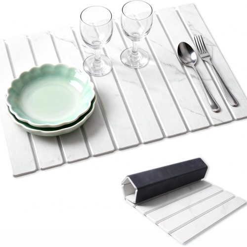 Stone Dish Drying Mat for Kitchen Counter, 24''×16'' Quick Dry Stone Dish Matt Collapsible Water Absorbing Diatomaceous Earth Drying Organizer Mat for Dishes Bottles Cups, Any Countertop(White Marble)