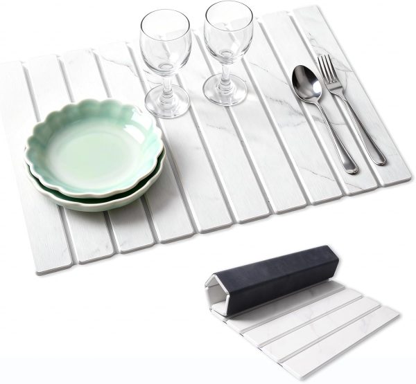 WF11598MAX_1 Stone Dish Drying Mat for Kitchen Counter, 24''×16'' Quick Dry Stone Dish Matt Collapsible Water Absorbing Diatomaceous Earth Drying Organizer Mat for Dishes Bottles Cups, Any Countertop(White Marble)