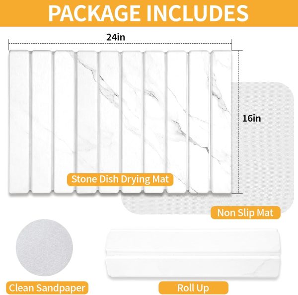 WF11598MAX_2 Stone Dish Drying Mat for Kitchen Counter, 24''×16'' Quick Dry Stone Dish Matt Collapsible Water Absorbing Diatomaceous Earth Drying Organizer Mat for Dishes Bottles Cups, Any Countertop(White Marble)