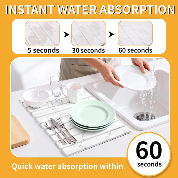 WF11598MAX_3 Stone Dish Drying Mat for Kitchen Counter, 24''×16'' Quick Dry Stone Dish Matt Collapsible Water Absorbing Diatomaceous Earth Drying Organizer Mat for Dishes Bottles Cups, Any Countertop(White Marble)