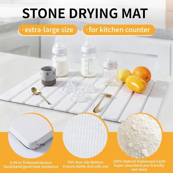 WF11598MAX_4 Stone Dish Drying Mat for Kitchen Counter, 24''×16'' Quick Dry Stone Dish Matt Collapsible Water Absorbing Diatomaceous Earth Drying Organizer Mat for Dishes Bottles Cups, Any Countertop(White Marble)