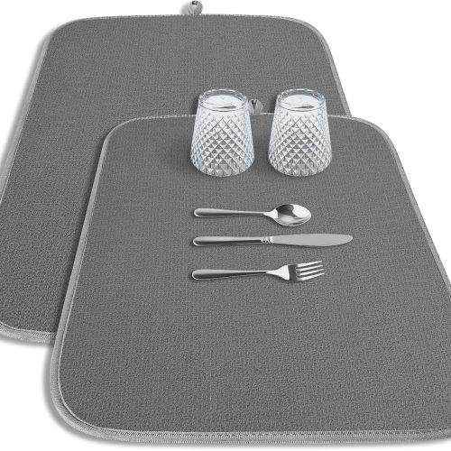 WF11673MAX_1 Kitsure 2 Pack Dish Drying Mat for Kitchen Counter, 20" x 14", Dark Grey | Microfiber, 3-Layer Ultra Absorbent Pad, Machine Washable kitchen mat with a Hanging Hook, Dish Drainer Mat