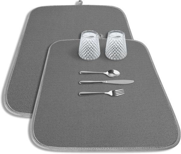 WF11673MAX_1 Kitsure 2 Pack Dish Drying Mat for Kitchen Counter, 20" x 14", Dark Grey | Microfiber, 3-Layer Ultra Absorbent Pad, Machine Washable kitchen mat with a Hanging Hook, Dish Drainer Mat