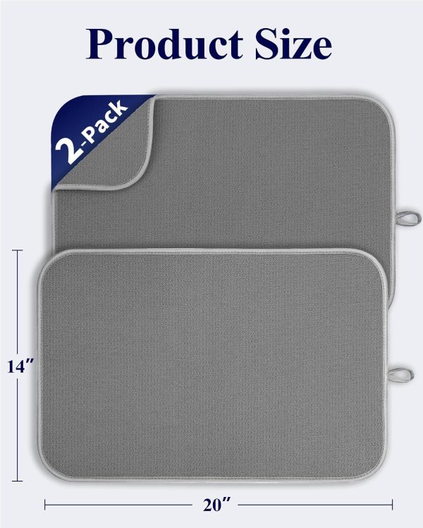 WF11673MAX_2 Kitsure 2 Pack Dish Drying Mat for Kitchen Counter, 20" x 14", Dark Grey | Microfiber, 3-Layer Ultra Absorbent Pad, Machine Washable kitchen mat with a Hanging Hook, Dish Drainer Mat