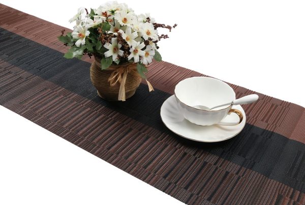 SHACOS Table Runners Woven Vinyl Table Mats 12x71 inch for Kitchen Dining Table Non Slip Washable, Ombre Coffee Black