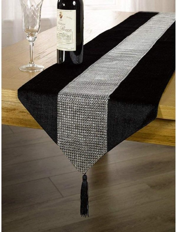WF11835MAX_1 13inch x 72inch Table Runner with Diamante Strip and Tassels(Black)