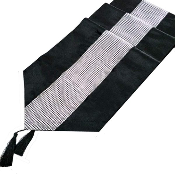 WF11835MAX_2 13inch x 72inch Table Runner with Diamante Strip and Tassels(Black)