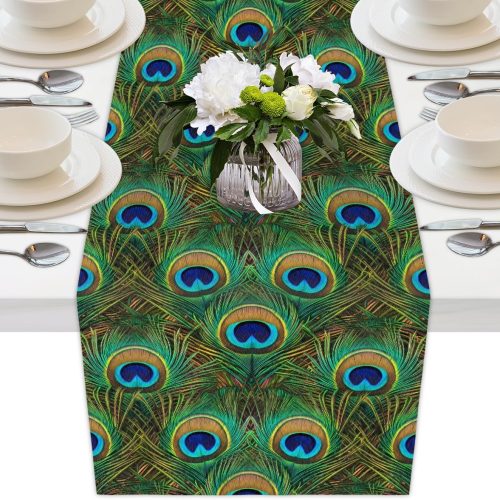 WF11876MAX_1 AUUXVA Table Runner Peacock Feather Durable Luxury Dresser Scarf Tabletop Cloth for Wedding Dining Table Holiday Party Kitchen Home Decoration 13x90in