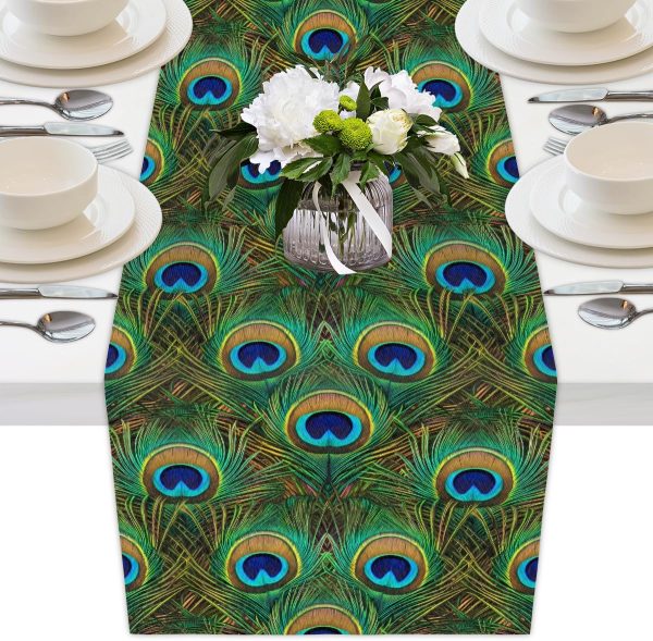 AUUXVA Table Runner Peacock Feather Durable Luxury Dresser Scarf Tabletop Cloth for Wedding Dining Table Holiday Party Kitchen Home Decoration 13x90in