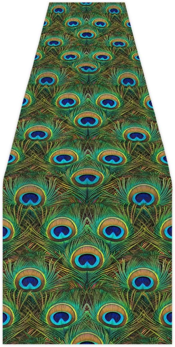 AUUXVA Table Runner Peacock Feather Durable Luxury Dresser Scarf Tabletop Cloth for Wedding Dining Table Holiday Party Kitchen Home Decoration 13x90in