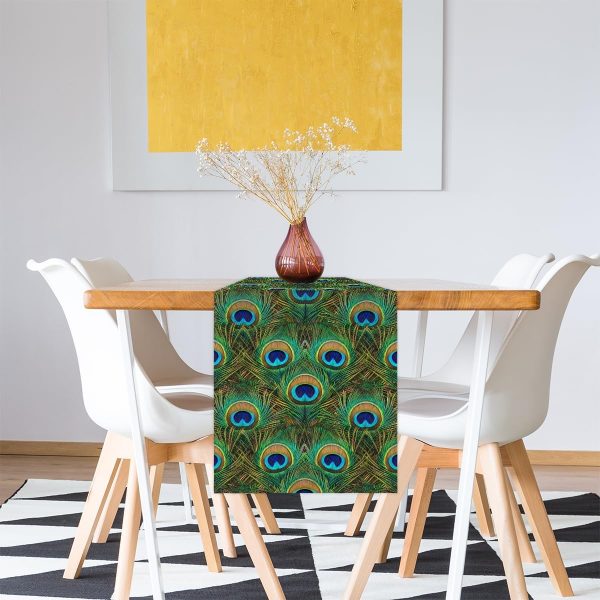 AUUXVA Table Runner Peacock Feather Durable Luxury Dresser Scarf Tabletop Cloth for Wedding Dining Table Holiday Party Kitchen Home Decoration 13x90in