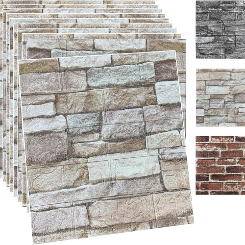 WF12381MAX_1 10PCS 3D Wall Panels Peel and Stick Foam 3D Brick Wallpaper Peel and Stick Faux Stone Wall Panel Self-Adhesive Wallpaper (10PCS, Rock Color)