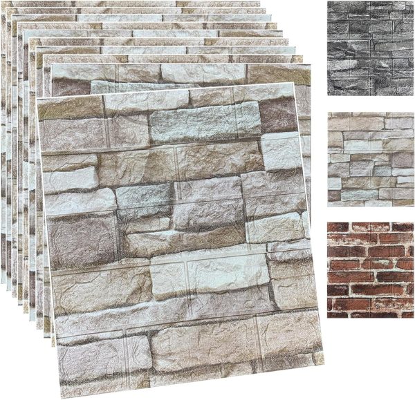10PCS 3D Wall Panels Peel and Stick Foam 3D Brick Wallpaper Peel and Stick Faux Stone Wall Panel Self-Adhesive Wallpaper (10PCS, Rock Color)