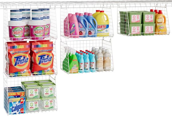 WF12433MAX_1 3-Pack Large Hanging Laundry Basket: Wire shelves for Laundry Room Organization with 360°Rotating Hooks Foldable Space Saving Over Washer and Dryer Shelves -Metal Laundry Basket Holder, White Patent