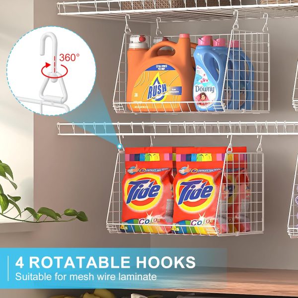 WF12433MAX_3 3-Pack Large Hanging Laundry Basket: Wire shelves for Laundry Room Organization with 360°Rotating Hooks Foldable Space Saving Over Washer and Dryer Shelves -Metal Laundry Basket Holder, White Patent