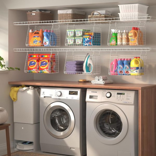 WF12433MAX_4 3-Pack Large Hanging Laundry Basket: Wire shelves for Laundry Room Organization with 360°Rotating Hooks Foldable Space Saving Over Washer and Dryer Shelves -Metal Laundry Basket Holder, White Patent