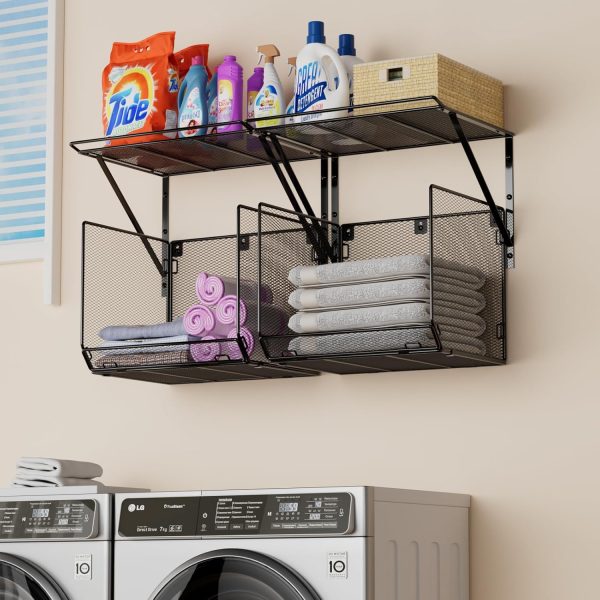 WF12452MAX_1 2 Pack Laundry Room Shelves Organization and Storage,Wall Mounted Clothes Drying Rack with Wire Mesh Basket Over Washer and Dryer, (Black, 2 Pack)