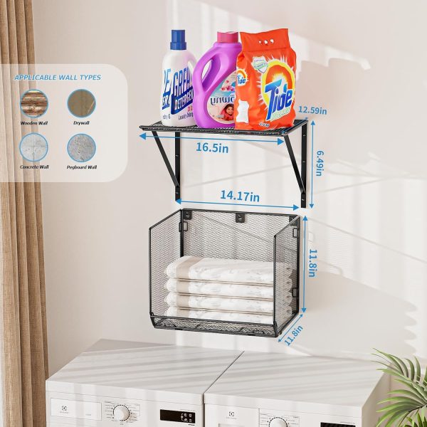 WF12452MAX_2 2 Pack Laundry Room Shelves Organization and Storage,Wall Mounted Clothes Drying Rack with Wire Mesh Basket Over Washer and Dryer, (Black, 2 Pack)