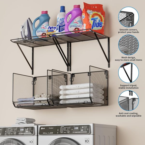 WF12452MAX_3 2 Pack Laundry Room Shelves Organization and Storage,Wall Mounted Clothes Drying Rack with Wire Mesh Basket Over Washer and Dryer, (Black, 2 Pack)