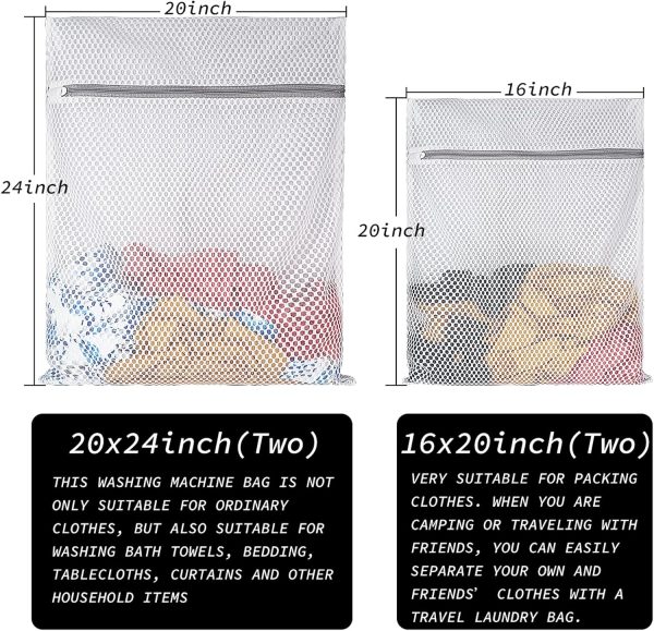 WF12466MAX_2 Extra Large Honeycomb Mesh Laundry Bag125gsm Net Fabric Durable and Reusable Delicate Wash Bag,Travel Organization Bag for Lingerie,Clothes,Jeans,Bath Towel,Sock (Set of 4(2L+2XL))